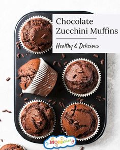 chocolate zucchini muffins on a baking tray with the title above it