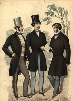 The 1850s in men’s fashion.  For men, the introduction of the sack coat as informal daywear and of outfits with matching coat, waistcoat and trousers marked the beginnings of the modern business suit. Istoria Modei, Merry Widow