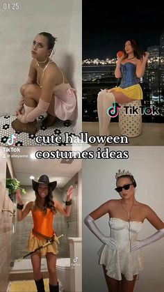 four pictures of women dressed in costumes and hats, one with her hands on her hips