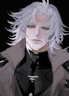 an anime character with white hair wearing a black outfit and grey coat, standing in front of a dark background