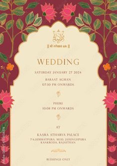 an ornate wedding card with flowers and leaves on the border, in maroon color scheme