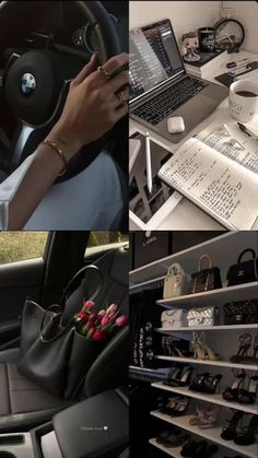 there are pictures of different items in the car, including books and purses on shelves