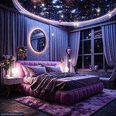 a bed room with a large bed sitting under a sky filled with stars