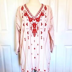 Gorgeous And Brand New With Tags!!!!!!!! Boho Fashion At Its Best. This Fits Loose And Oversized. Xs Revie Linen Embroidered Tunic. Length: 31 Inches Width: 24 Inches Size: Xs Loose Fitted - Small To Medium 100% Cotton Machine Wash Cold Original Price $195 Red Tunic Tops For Spring, Red Tunic Blouse For Summer, Red Summer Tunic Top, Red Relaxed Fit Long Sleeve Blouse, Red V-neck Tunic For Vacation, Casual Red Tunic For Vacation, Bohemian Red Blouse Relaxed Fit, Bohemian Red Blouse With Relaxed Fit, Red Long Sleeve Blouse For Summer