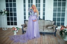 Long purple maternity dress with 3D lace for unforgettable moments! We are glad to welcome you in our atelier!  We present you beautiful dresses for pregnant women for photo sessions. In our dresses, the photo session will be unforgettable. And the photos will please you all the rest of your life.  All of the dresses in our shop are made based on your individual measurements. It is personally sewn by our seamstress on professional and modern equipment. We guarantee very high quality of sewing. W Purple Maternity Dress, Pregnancy Gown, Dress For Baby Shower, Most Expensive Dress, Tulle Maternity Dress, Photoshoot Maternity, Purple Tulle, Expensive Dresses, Dresses For Pregnant Women