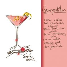 a pink card with a drawing of a cocktail