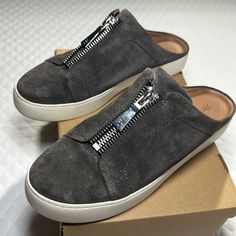 Frye Gio Genuine Suede & Leather Slip On Slides. Size 10. Dark Gray. Like New. Pictures Don’t Lie. Ships In A Shoe Box. Frye Shoes, Leather Slip Ons, New Pictures, Shoe Box, Gray White, Suede Leather, Dark Gray, Slides, Like New