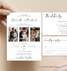 the wedding stationery is displayed on top of an envelope and in front of two photos