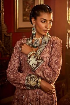 Blush pink and brown long sleeves shawl lapel collar detail gown with all over intricate Kashmiri floral embroidery using aari thread, sequin and tilla highlights. - Aza Fashions Tejaswi Prakash, Radhika Madan, Payal Singhal, Rhea Kapoor, Anushree Reddy, Anamika Khanna, Karisma Kapoor, Parineeti Chopra, Sonakshi Sinha