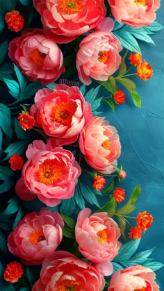 an arrangement of pink and orange flowers on a blue background