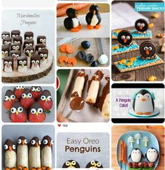 there are many different pictures of penguins and desserts on this page, including penguin cakes