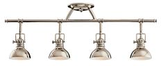 four lights are hanging from the ceiling in this kitchen light fixture, which is polished brass