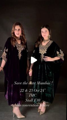 two women dressed in black and gold standing next to each other with the caption save the date mumbai