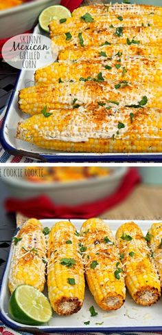 corn on the cob with limes and parmesan cheese in two pans