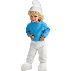 It's Smurf time! Your little one will look adorable in this soft blue and white Smurf costume this Halloween.  It features a romper that has a blue top and a white pant bottom with attached shoe covers. This is perfect for trick or treating or for a themed party or play!    

Features:  
Smurf Halloween costume  
Romper  
White hat  
Small round tail     

2-Piece set includes:    
1 piece romper with a blue top and white bottoms  
Hat     

Sizing Measurements:    
Children's Size: Toddler ages Smurf Costume, Smurfs Movie, White Halloween Costumes, Newborn Halloween Costumes, Halloween Infantil, The Smurfs, Toddler Halloween Costumes, Toddler Costumes, Toddler Halloween