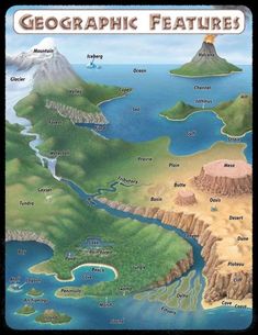 an illustrated map of the world with mountains and lakes