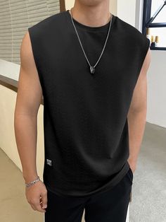 Negro Casual Collar sin mangas Tela tejida Letras  Embellished Elástico Ligero Verano Tops para Hombre Tank Tops For Men Fashion, Tank Top Outfits For Men, Mens Sleeveless Shirt Outfit, Sando Outfit For Men, Mens Tank Top Outfits, Black Outfits Summer