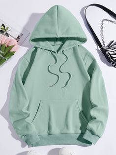 Green Casual Collar Long Sleeve Knitted Fabric Plain Pullovers Embellished Slight Stretch  Plus Size Sweatshirts Style Vert, Vintage Hoodies, Boho Maxi Dress, Green Fashion, Kangaroo Pocket, Sweatshirt Fashion