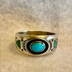 Sterling Silver Ring With Turquoise And Coral Inlay. Never Worn. Size 4 1/2 Green Bohemian Jewelry With Inlay, Bohemian Green Jewelry With Inlay, Bohemian Green Inlay Jewelry, Bohemian Turquoise Rings With Inlay, Bohemian Turquoise Inlay Rings, Vintage Blue Rings With Inlay, Bohemian Blue Rings With Inlay, Vintage Green Turquoise Ring With Inlay, Turquoise And Coral