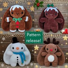 four stuffed animals are shown with the words pattern release written below them, along with stars and snowflakes