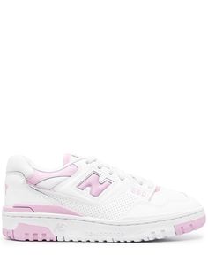 two-tone low-top sneakers from NEW BALANCE featuring white, blush pink, calf leather, two-tone design, logo patch to the side, round toe, front lace-up fastening, branded leather insole and flat rubber sole. Pink White Sneakers, Streetwear Fashion Pink, Preppy Sneakers, Y2k Sneakers, Pink New Balance, Balance 550, Trendy Shoes Sneakers, Dr Shoes, Pretty Shoes Sneakers