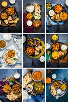 multiple pictures of different food items in bowls and pans on a table with utensils