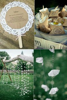 four different pictures with white flowers and paper doily on them, including an open book