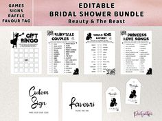 the editable bridal shower bundle is shown in black and white, with text on it