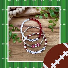 This super cute Bama Bracelet Stack make the perfect little something for yourself or your favorite sports fan! These bracelets are composed of 6/0 (4mm) Seed Beads with either 18K Gold or Stainless Steel Silver beads and Clay accent beads.  The size in the photo and on the model's arm is 7 inches (average woman's wrist size). If you need your bracelets to be larger or smaller please reach out to seller. You can find some super cute Bama earrings here: https://www.etsy.com/listing/1779896501/gam Customizable White Sports Bracelets, White Team Spirit Stretch Bracelet As Gift, Personalized White Wristbands For Team Events, Personalized White Wristband For Team Events, White Team Spirit Stretch Bracelet, Adjustable White Bracelets For Team Events, White Team Spirit Wristbands For Team Events, Personalized White Wristband Team Spirit, White Team Spirit Wristband For Team Events