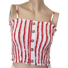 New W/O Tag Brand: Active Usa Size: S White/Red Stripe Smocked Camisole Cropped Tank Top Decorative Buttons Adjustable Straps Ruffle Hem Chest: 13 1/2" Length: 9 1/2" From The Center Front Beach Cami Tank Top With Smocked Bodice, Beach Cami Top With Smocked Bodice, Cami Tank Top With Smocked Bodice For Beach, Beach Smocked Cami Top, Beach Smocked Bodice Cami Top, Red Cami Tank Top For Summer, Beach Camisole Top With Smocked Back, Red Camisole Tank Top For Summer, White Smocked Back Crop Top For Summer