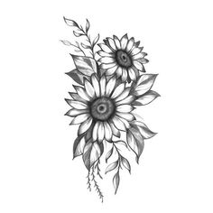 a drawing of three sunflowers with leaves on the bottom and one flower in the middle