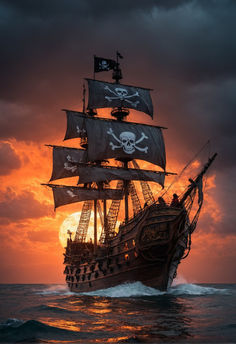 a pirate ship sailing in the ocean at sunset