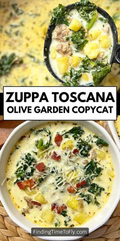 two pictures of zuppa toscana and olive garden copycat recipe with text overlay