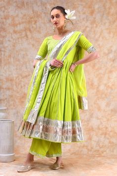 Green anarkali with gota embellishment in checkered and stripe pattern. Paired with flared pant and dupatta. - Aza Fashions Green Anarkali, Women Kurta, Set Women, Anarkali, Aza Fashion, Jaipur, Stripes Pattern, Half Sleeves, Pants