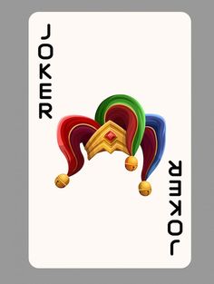 the joker playing card has three colorful hats on it