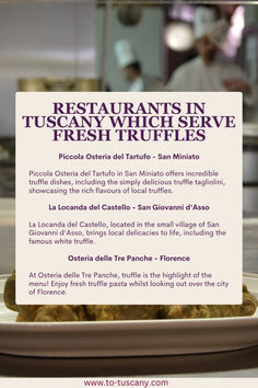 Discover the best restaurants in Tuscany, where fresh truffles are transformed into exquisite dishes. Each restaurant brings the aromatic flavours of truffles into traditional and contemporary recipes, offering an unforgettable dining experience. Why not enhance your next vacation to Tuscany and try the renowned fresh truffle? Learn more about truffle and truffle hunting in our travel guide. Fresh Truffle, Truffle Hunting, Best Restaurants, Dining Experience, Dining Experiences, Truffles