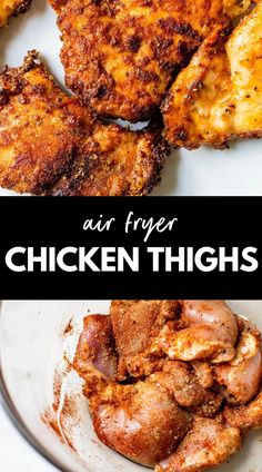 air fryer chicken thighs on a plate with text overlay that says air fryer chicken thighs