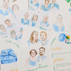 wedding stationery with hand drawn pictures of the couple's parents and grandparents on them