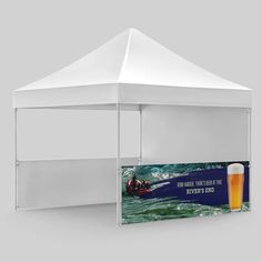 a white tent with a beer on the side