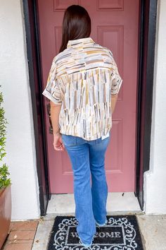 A mix of greys and browns make a beautiful combo! This top features a vertical striped print, collar, short sleeve and button front! Style It! Pair with denim and black booties for a cute outfit! Taupe, Chestnut, Mustard and Grey Short Sleeve Button Front Collar Model is wearing a small Runs True to Size 80% Rayon, 20% Nylon Materials may have natural variations Colors may vary from different viewing devices Mustard And Grey, Collar Model, Cave House, Loungewear Sets, Vertical Stripes, Cute Outfit, Grey Shorts, Black Booties, Clothes Gift