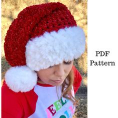 Crochet Santa Hat Free Pattern, Crochet Santa Hat Pattern, Santa Hat Pattern, Crochet Santa Hat, Crochet Christmas Hats, Kids Crochet Pattern, Crochet Unique, Hat Patterns Free, Crochet Santa