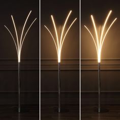 three different angles of the same floor lamp with multiple lights on each side and one light in the middle