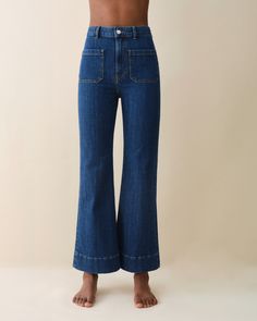 Jeanerica St Monica Cropped Jeans Blue Wide-leg Flare Jeans With Patch Pockets, Blue Wide Leg Flare Jeans With Patch Pockets, Flared Cropped Jeans With Pockets, Retro Flare Jeans For Workwear, Workwear Flare Jeans, Flare Jeans With Pockets For Work, St Monica, Rise And Run, Leg Model