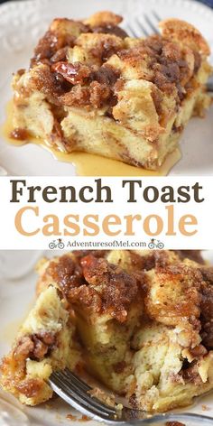 french toast casserole on a plate with a fork