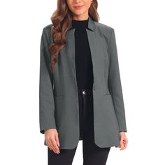 Style this blazer with casual blouse and pants or jeans for a stylish workwear look. This basic blazer in stretchy fabric, features single button and straight line design, adding elegant and charming feel. Suitable for Work, Office, Coffee Shop, Daily, Date, Weekend, etc. Pretty and fashion style, this work blazer is textured in soft crepe with stretchy fabric Grey Jacket Target, Winter Pea Coat, Spring Blazer, Straight Line Designs, Work Blazer, Open Front Blazer, Velvet Suit, Long Sleeve Blazers, Casual Blouse