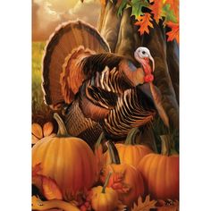 a painting of a turkey surrounded by pumpkins