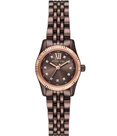 From Michael Kors&#x2C; this women's watch features:Chocolate-tone stainless steel bracelet and caseChocolate sunray dial2 pusher fold-over clasp closureThree-hand movementBand width approx. 14mmCase size approx. 26mmCase thickness approx. 8mmInner Circumference: 175 /- 5mmWater Resistance: 5 ATMImported. Accessories Watches Women, Michael Kors Lexington, Steel Watch, Stainless Steel Watch, Watches Jewelry, Steel Bracelet, Stone Settings, Michael Kors Watch, Stainless Steel Bracelet