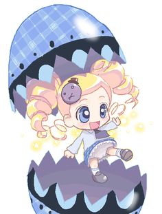 an anime character with blonde hair and blue eyes, sitting on top of an egg