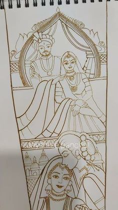 a drawing of two women and a man in an elaborate dress with gold trimmings