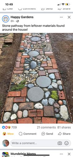 an image of a stone pathway made out of bricks and stones with the words happy gardens written on it